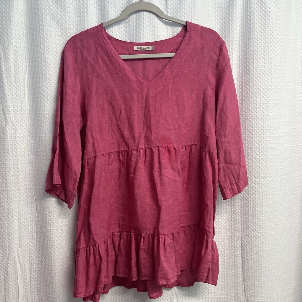Laura Bianchi Women’s Magenta 100% Linen Tiered Top Cottagecore Classic Medium
